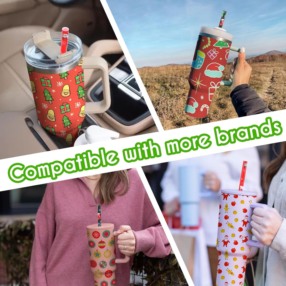 AIERSA 6 Pack Christmas Straw Replacement for Stanley 30&amp;40oz,Plastic Reusable Straw for Stanley Tumbler,Long Straws with Cleaning Brush for Stanley Cup Accessories