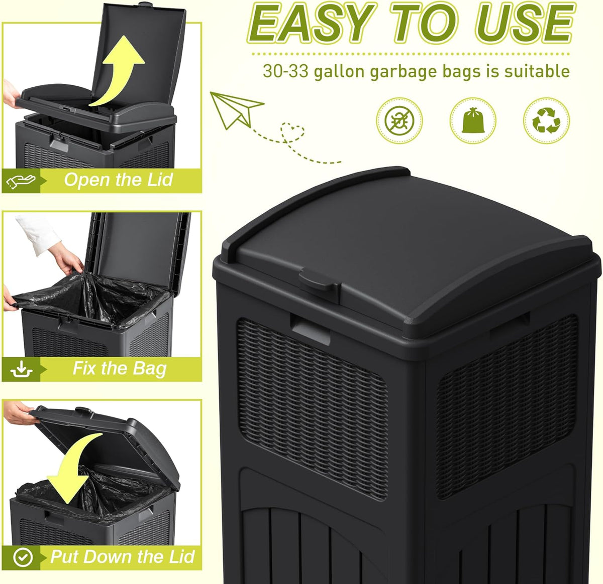 Greesum 33 Gallon Outdoor Trash Can with Lid (2-Pack), Heavy Duty Resin Garbage Bin, Waterproof & UV Resistant for Patio, Garden, Deck, Yard, Dark Black
