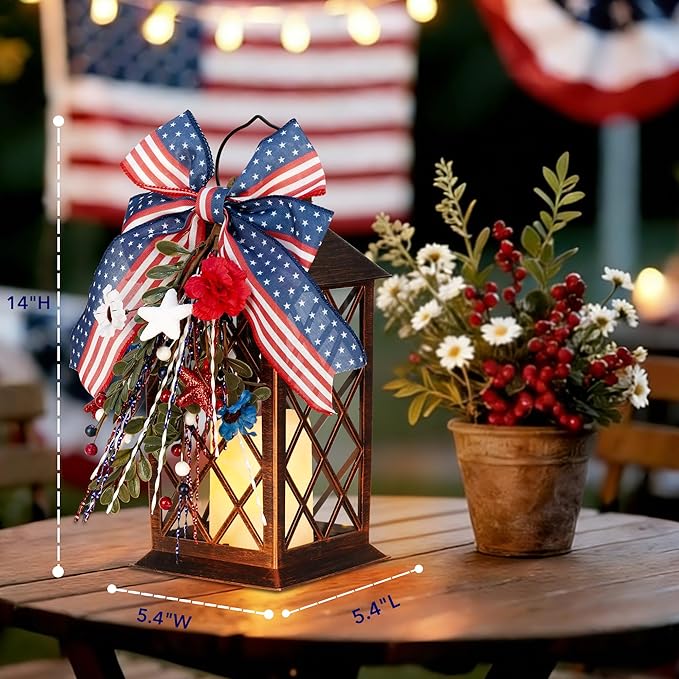 Patriotic Solar Lanterns Outdoor, Waterproof Garden Hanging Lanterns, 13" Patriotic Decorations Outdoor Lantern with Led Flameless Candles, 4th of July Lantern for Porch, Yard, Patio Decor