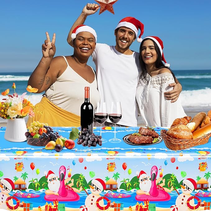 QZYL 3 Pcs Christmas July Tablecloths, 51 x 86.6 Inch Waterproof Summer Christmas Tablecloth, Disposable Santa Plastic Rectangle Table Cover, for Pool Beach Indoor Outdoor July Xmas Decorations