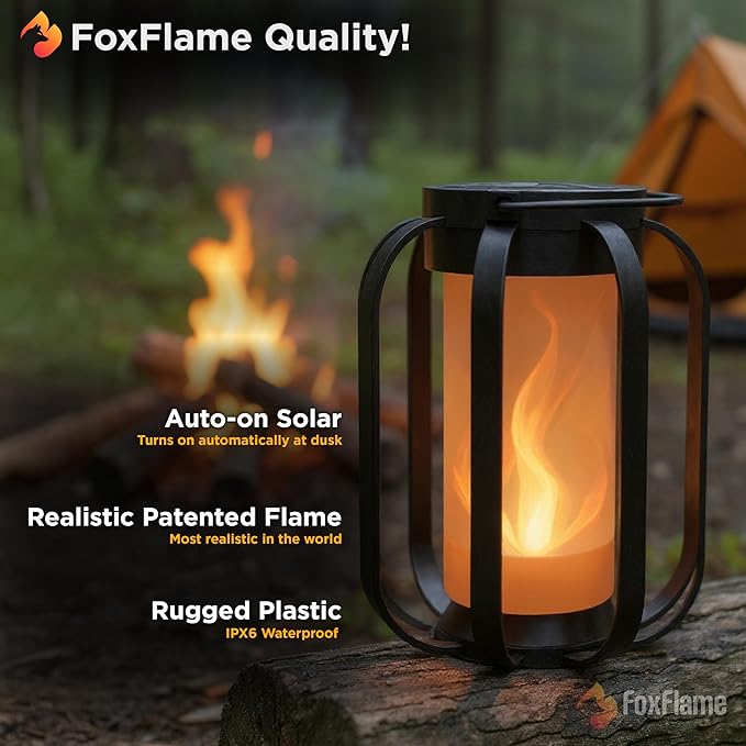 FoxFlame Modern Solar Lanterns Outdoor Waterproof - Patented Flickering LED Flame Effect, IP65 Waterproof, Matte Black Finish, Hanging Solar Lights for Outside for Patio, Garden, Porch(2 Pack)