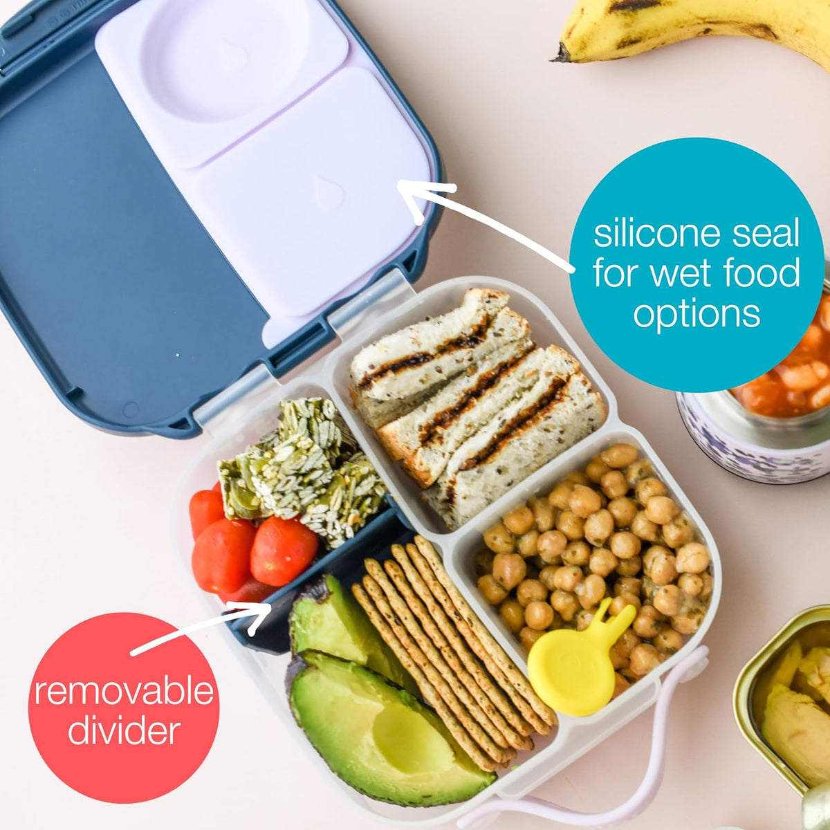 b.box Mini Lunch Box, Bento Box for Kids, Snack Container with 2 Leak Proof Compartments, Reusable Snack Containers with Lids, Kids Lunch Boxes Ages 3+, BPA Free, 4 1/4 Cup Capacity (Lilac Pop)