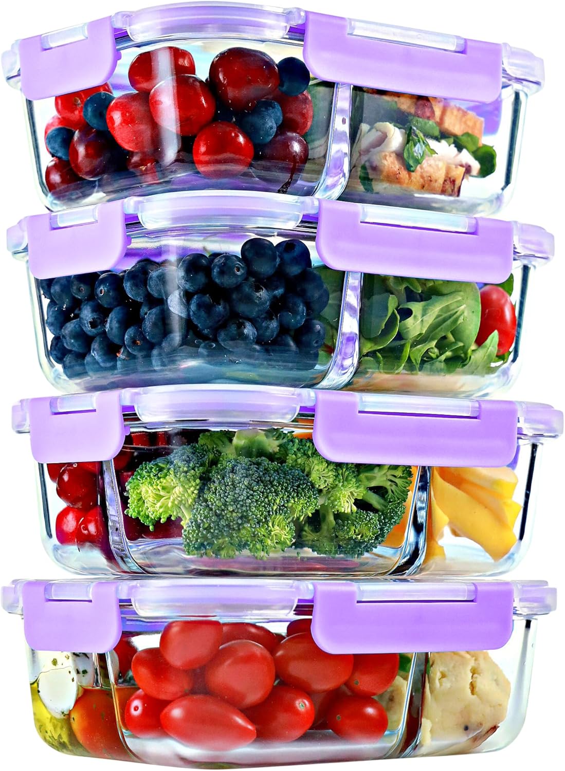 2 & 3 Compartment Glass Meal Prep Containers (4 Pack, 32 oz) - Glass Food Storage Containers with Lids, Bento Box, Portion Control, Airtight