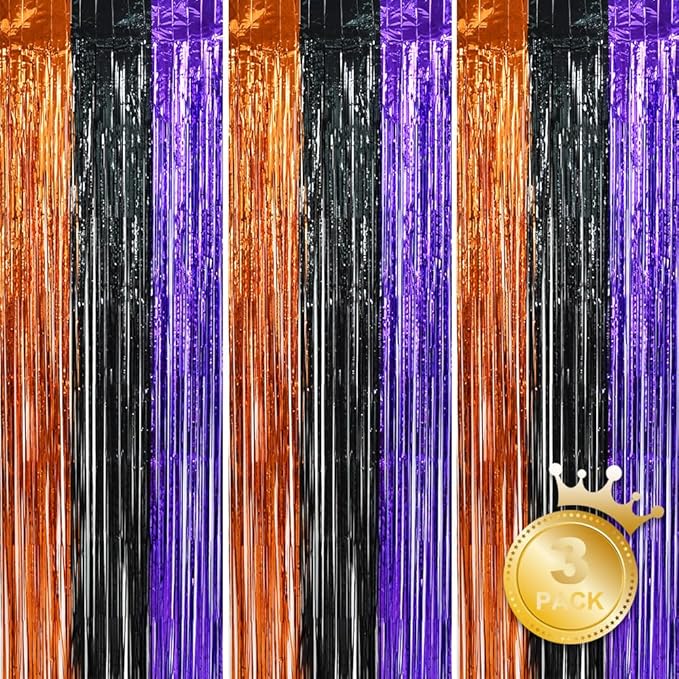 BEISHIDA 3 Pack Tinsel Curtain Party Streamers Backdrop Halloween, Door Streamers Fringe Foil Curtain Backdrop Curtain for Halloween Party Decoration, Orange Black Purple (3.28 ft x 6.56 ft)