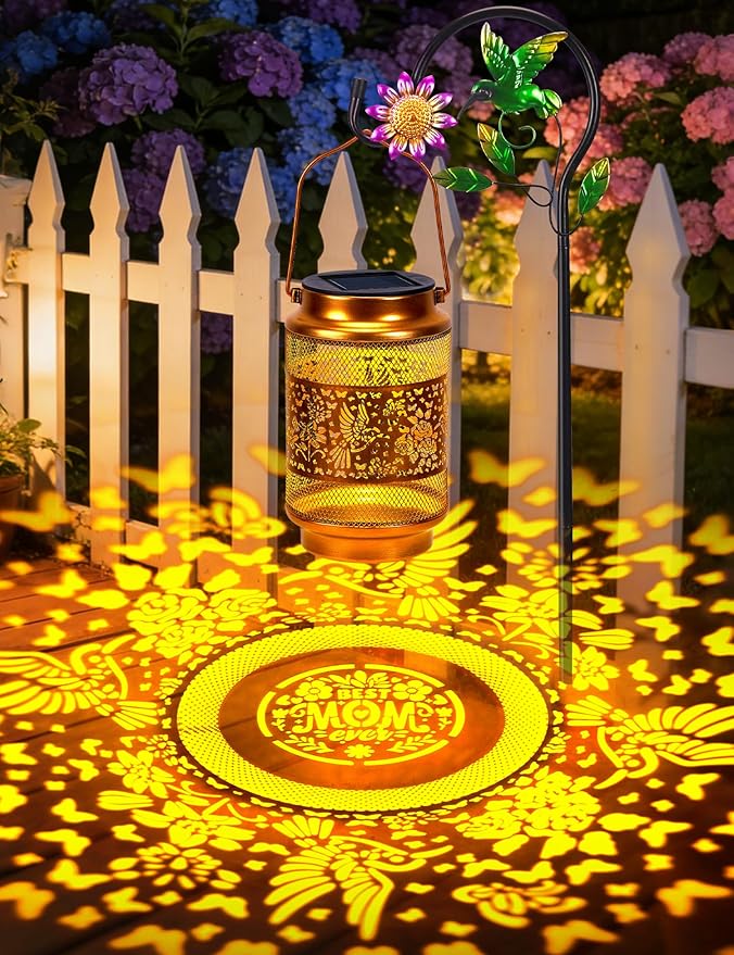 Mothers Day Gifts Hummingbird Solar Lantern Outdoor Waterproof with Shepherd Hook, Metal Hanging Hummingbird Garden Decor, Birthday Gifts for Women Mom Grandma Sister