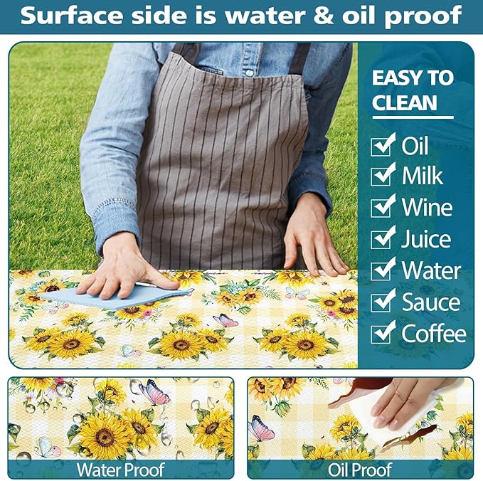 Sunflower Picnic Table Cover with Bench Covers, Yellow Buffalo Plaid Farmhouse Elastic Camping Table Cloth Picnic Party Essentials, Vintage Floral Rectangular Table Cloth Cover