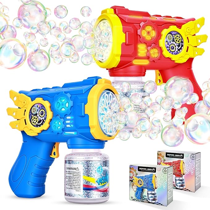 Bubble Gun for Kids with Lights, Automatic Bubble Blower Toy, Leak-Resistant Bubble Bottle, Bubble Guns for Kids Ages 3+, Fun Outdoor Bubble Guns for Parties, Backyard, Birthday Gifts, 2pcs Red+Blue