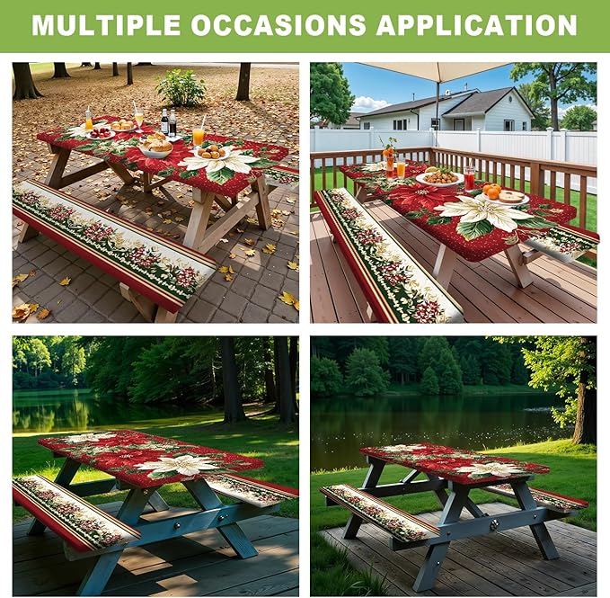 ANNA QUEEN 6FT Christmas Picnic Table Cover Set 3PCS 72"x30", Waterproof Outdoor Bench and Tablecloth Furniture Protection for Camping Beach BBQ Patio Backyard