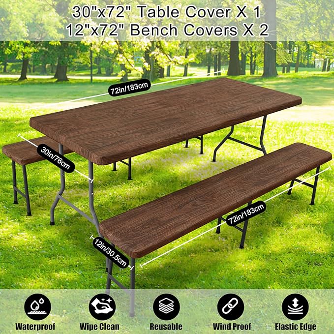 Smiry Picnic Table Cover with Bench Covers, Waterproof Elastic Fitted Tablecloth for 5 Foot Tables, Washable Polyester Tablecloths for Camping, Indoor & Outdoor (Brown, 30x72 Inch 3-pc Set)