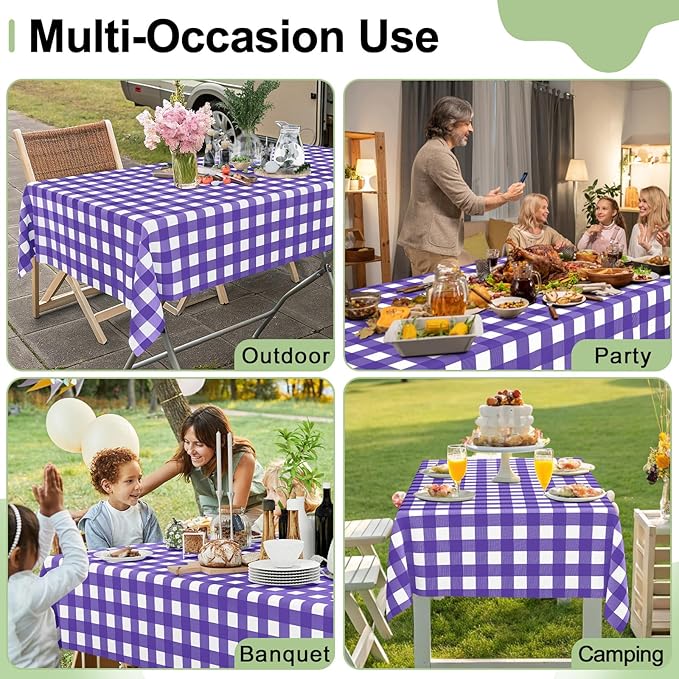 Smiry 3 Pack Purple Gingham Disposable Tablecloths - 54" x 108" Heavy Duty Plastic Table Cloth, Waterproof Buffalo Plaid Table Covers for Picnic, Banquets, Parties