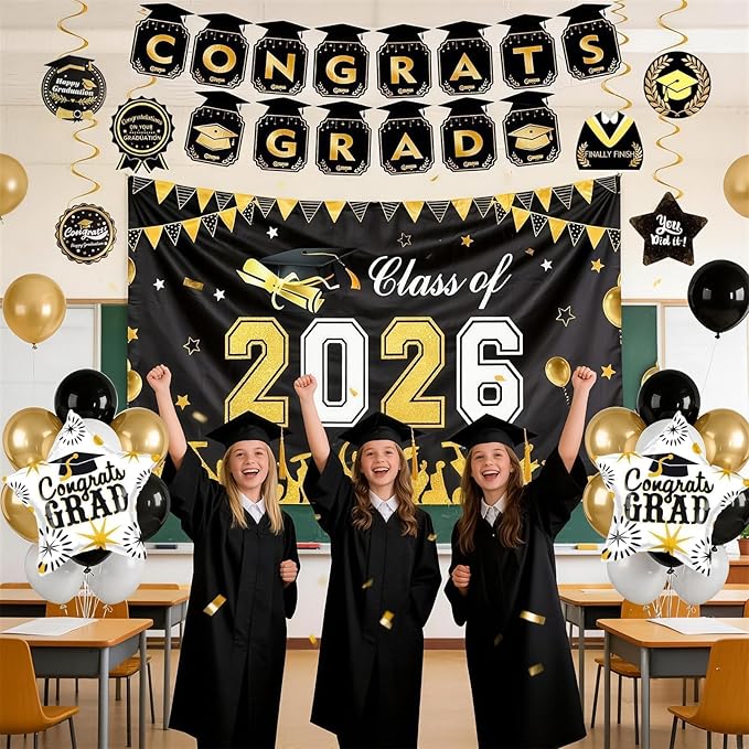 Black Gold Graduation Decorations 2026, Graduation Party Decorations Set with Class of 2026 Backdrop Congrats Grad Banner Foil Star Balloon Grad Balloon Hanging Streamers Kit for High School College