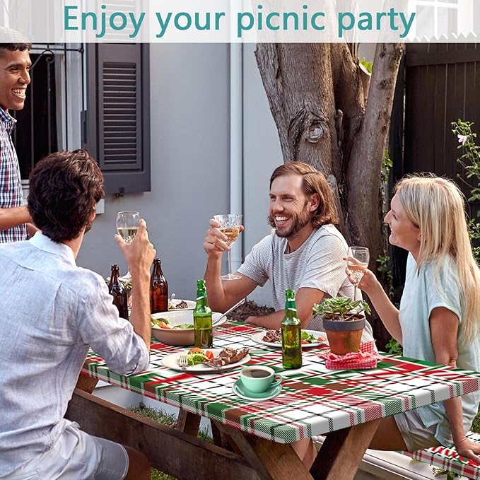 Red Green White Plaid Picnic Table Cover with Bench Covers and Bag, Camping Essentials, Water Resistant Windproof, Fitted Tablecloth Cover with Elastic Edge, for Indoor & Outdoor 3 PCS, 30x72 Inch