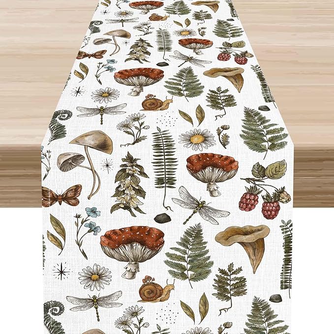 Mushroom Table Runner, Rustic Farmhouse Forest Plants Botanical Country Coffee Table Center Decor for Home Kitchen Dining Patio Holiday Party Indoor Outdoor Table Decorations, 13"x72" Inch