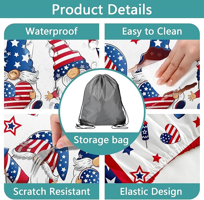 4th of July Picnic Table Cover with Bench Covers, Camping Essentials, Patriotic American Flag Gnomes Stars Table Cover Waterproof Fitted Tablecloth Cover with Elastic Edge for Outdoor 3 PCS 30x60 Inch