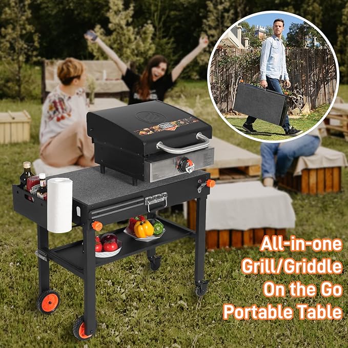 Portable Outdoor Grill Table, Folding Grill Cart Solid and Sturdy, Blackstone Griddle Stand Large Space, Blackstone Table with Paper Towel Holder, Grill Stand for Blackstones Griddle, Ninja Grills etc