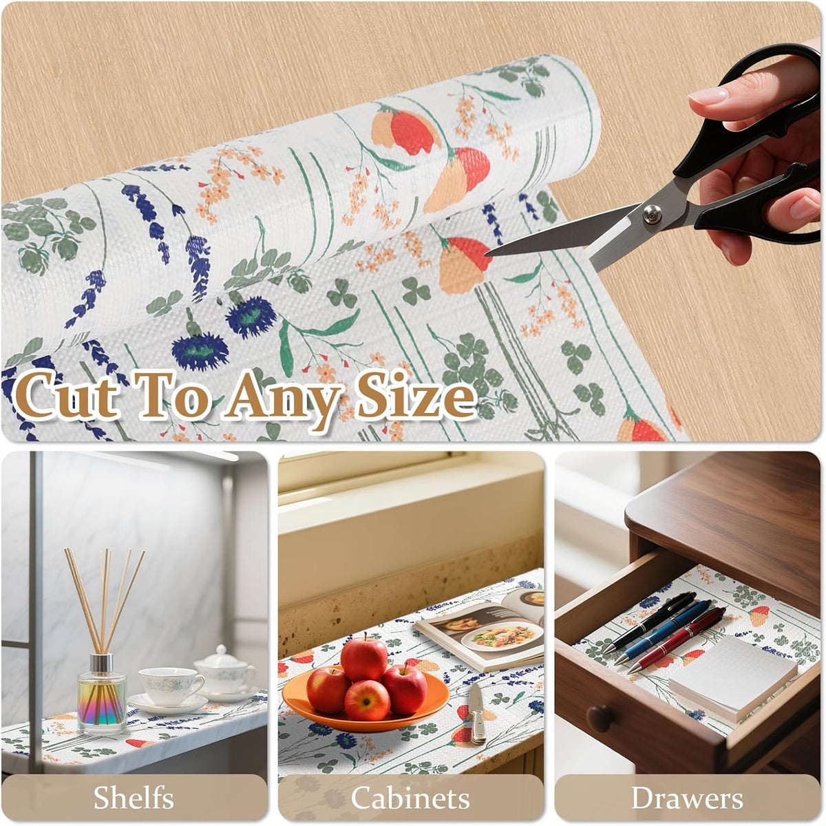 FINNEZ Shelf and Drawer Liner 12in x 30FT with Cutting Tool, Non Slip Non Adhesive Drawer Liners for Kitchen Cabinets, Waterproof Floral Cabinet Liner for Shelves, Refrigerator
