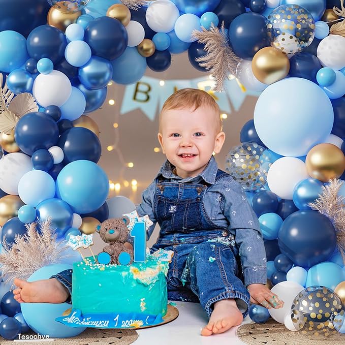 Navy Blue Balloon Garland Arch Kit, 151 Pcs Blue and White Chrome Gold Balloons with Gold Confetti Balloons for New Year Graduation Party Supplies Men Birthday Anniversary Wedding Decorations