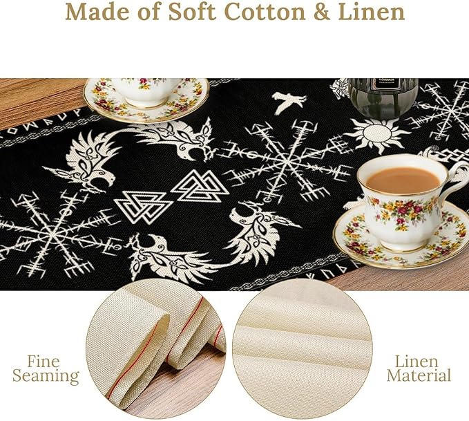 Viking Table Runner, Black Viking Tree of Life Raven Helmet of Awe Table Runner for Kitchen Dining Home Party 13x60in