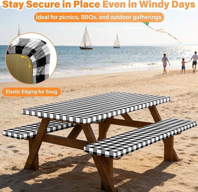 HappyTrends Fitted Picnic Table Cover with Bench Covers - 6FT Dual Layer Waterproof Camping Tablecloth with Windproof Elastic Edging & Bag, Washable RV Camping Accessories (96x30in, Black Checkered)