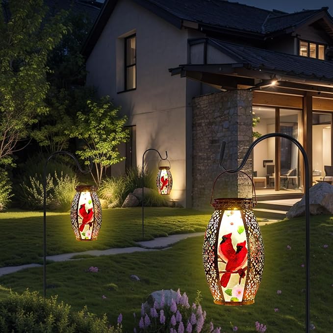 Larger Hanging Cardinal Solar Lantern 2 Pack Waterproof, Solar Lantern Decorative Cardinals Solars Lights for Outside Yard Table Patio Garden Pathway Lawn Cardinal Gifts