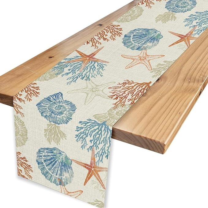 Coastal Table Runner, Rustic Farmhouse Nautical Starfish Seashells Coral Tropical Ocean Beach Blue Summer Coffee Table Center Decor for Home Kitchen Dining Indoor Outdoor Table Decorations, 13"x36"