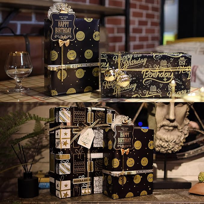 Larcenciel Birthday Wrapping Paper, Gift Wrapping Paper set, Black Gold Design w/Jute Twine and Gift tag, Gift Wraps for Birthday, Valentines, Christmas, Graduation, Baby Shower,4 Sheets 27.5x19.6inch