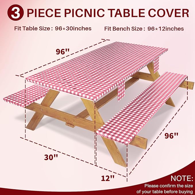 Fitted Picnic Table Cover with Bench Covers Elastic Waterproof Outdoor Camping Tablecloth for 8 Foot Rectangle Tables Camper Summer Accessories Rv Car Essentials Vacation Gifts for Men Women