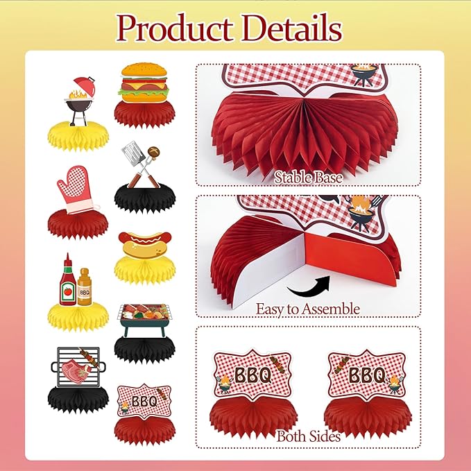9PCS BBQ Party Decorations BBQ Baby Shower Table Centerpieces Picnic Decorations Honeycomb Table Toppers for Baby Q Baby Shower Decorations Summer Birthday Party