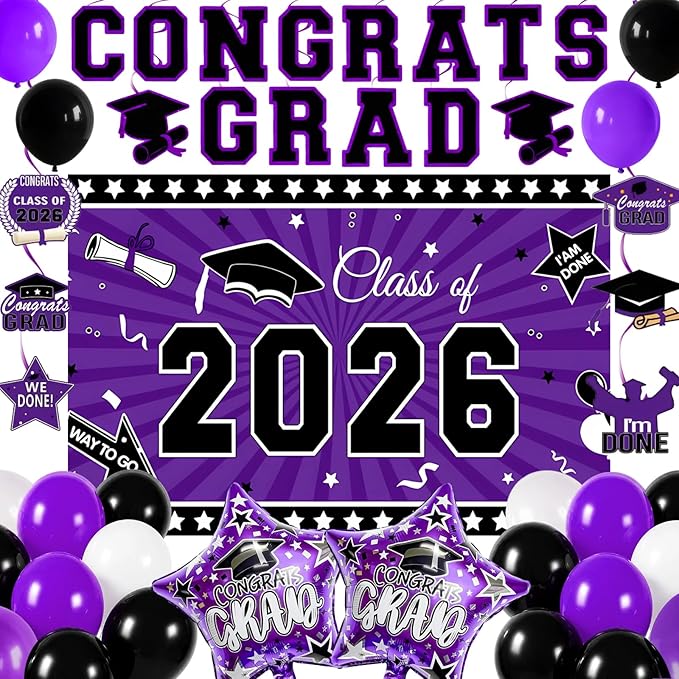 Graduation Decorations 2026, Purple Black Graduation Party Decorations Set with Class of 2026 Backdrop Congrats Grad Banner 18inch Foil Grad Star Balloons Hanging Streamers Kit for High School College