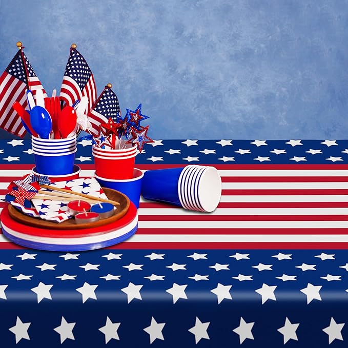 3Pcs 4th of July Tablecloths, 108" X 54" 250th Anniversary Patriotic Plastic Tablecloth, Rectangle 4th of July Table Cloth Red White Blue Tablecover, USA Party Supplies Independence Day Decorations