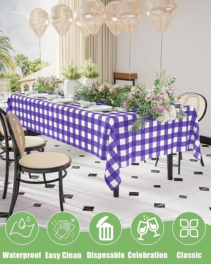 Smiry 20 Packs Gingham Disposable Table Cloth, 54 x 108 Inch Waterproof Plastic Tablecloth, Rectangle Purple and White Checkered Table Covers for Picnic, Birthday, Party