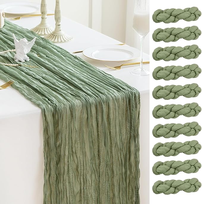 Sioloc 10 Pack Sage Green Cheesecloth Table Runner 120'' x 35'',Spring Easter Decor Soft Gauze Boho Wedding Table Decor for 10ft Table Birthday Party,Baby Shower, Bridal Shower, Home & Event Decor