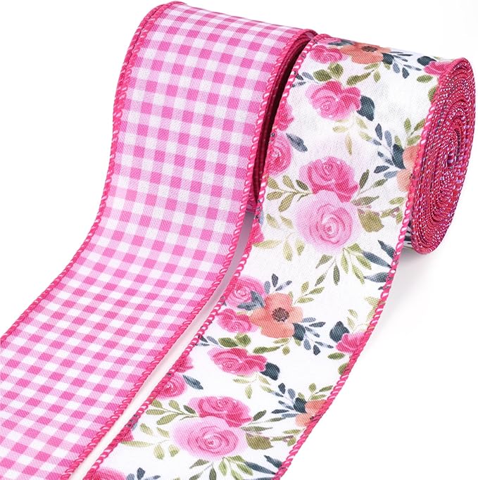 LaRibbons Floral Ribbon Wired 2 Rolls 2.5 Inch x 12 Yards TTL, Flower Pink and White Plaid Spring Summer Ribbon with Rose Printed for Wreath Crafts Wrapping Bow