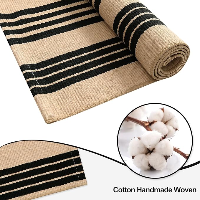 OJIA Outdoor Area Rugs 4'x6', Black and Tan Outdoor Rug Machine Washable Patio Rugs Cotton Hand Woven Entryway Rug Indoor Rugs for Bedroom/Porch/Deck/Backyard/Camping/Living Room