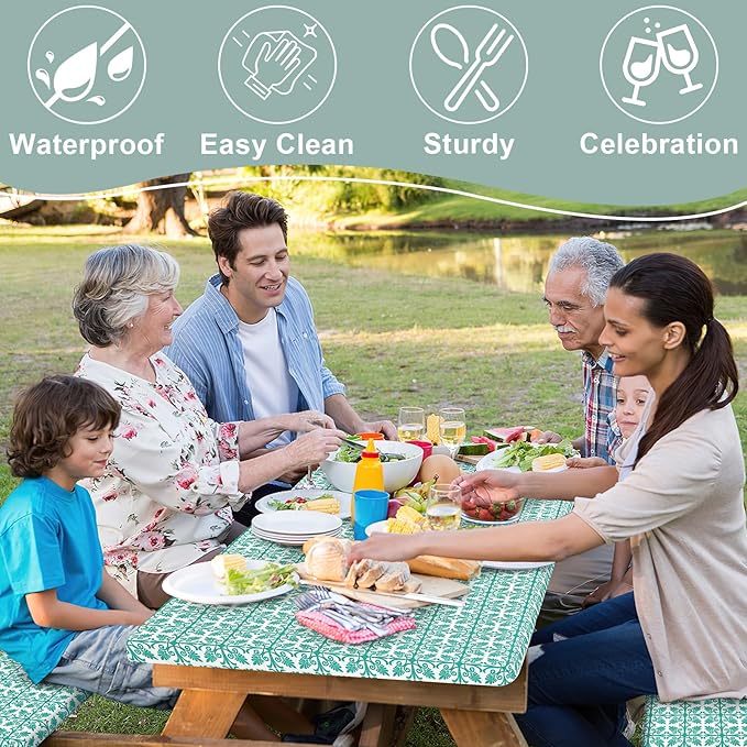 misaya Picnic Table Cover with Bench Cover, Waterproof Elastic Fitted Tablecloth for 5 Foot Tables, Rectangle Washable Polyester Tablecloths for Picnic, Camping, Outdoor (Teal, 30" x 60")