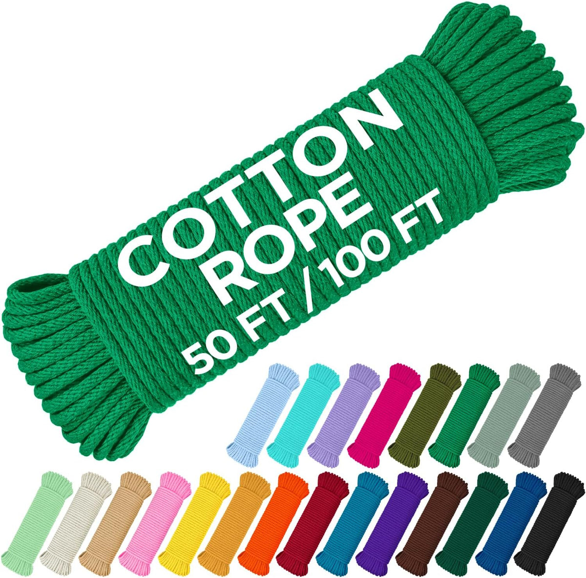 TECEUM Cotton Rope 3/16” (5 mm) – 100 FT – Strong All-Purpose Braided Rope – Natural Cotton – for Crafting, Сamping, Clothes Line, DIY, Indoor & Outdoor Use – Green