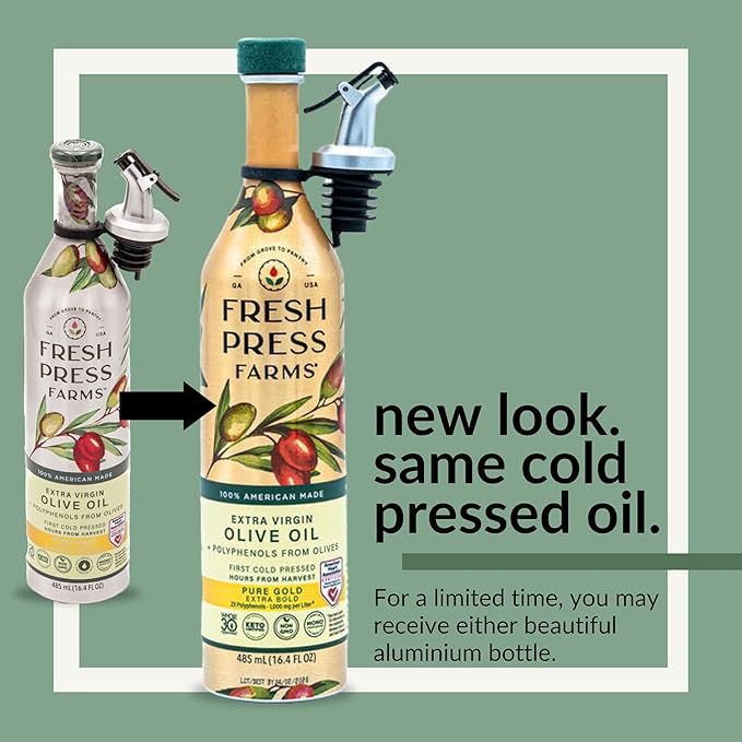 Fresh Press Farms Cold Pressed High Polyphenol Pure Gold Extra Virgin Olive Oil, 16.4 Fl Oz (Pack of 2), Georgia Grown, 100% American Made, Unrefined
