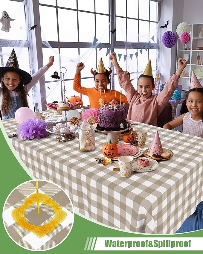 Smiry 20 Packs Gingham Disposable Table Cloth, 54 x 108 Inch Waterproof Plastic Tablecloth, Rectangle Khaki and White Checkered Table Covers for Outdoor, Picnic, Birthday, Party