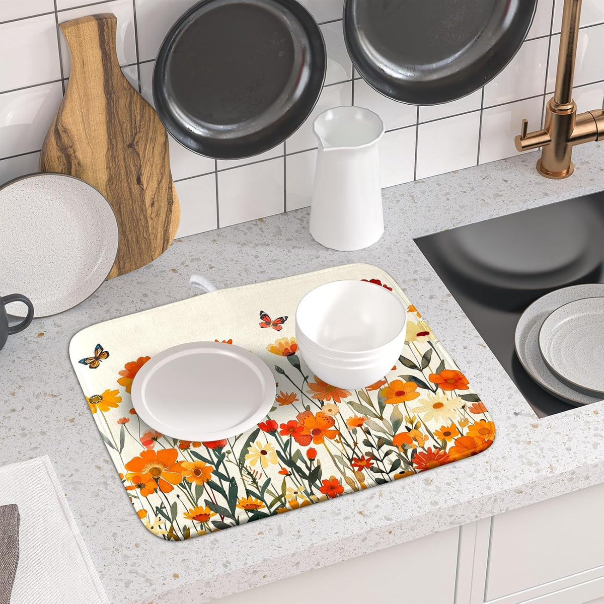 Fall Orange Wildflower Dish Drying Mat for Kitchen Counter,Autumn Floral Butterflies Drying Mat 16 x 18 Inch with Absorbent Reversible Microfiber