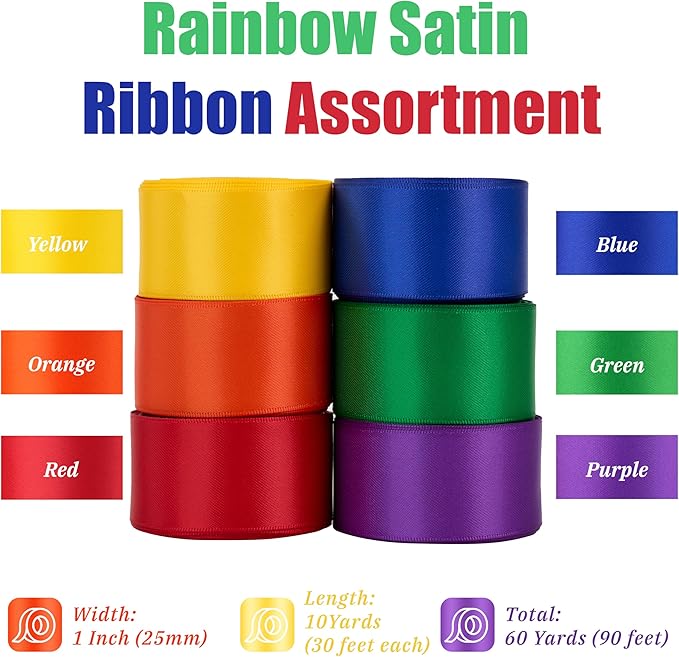 Rainbow Satin Ribbon 1 Inch x 60 Yards, Colorful Multicolor Fabric Ribbon for Crafts, Gift Wrapping, Bows, Garland, Sewing, Tulle, Birthday Party Decorations and DIY Decor