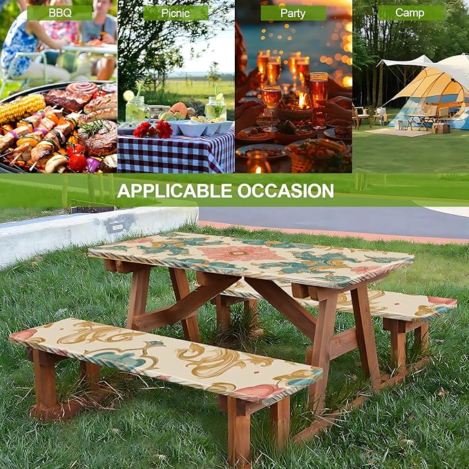 Vintage Floral Picnic Table Cover with Bench Covers Set of 3-European Symmetrical Flowers Pattern,Elastic Fitted Tablecloth for 6 Ft Tables, Washable Polyester Cover for Camping, Indoor & Outdoor