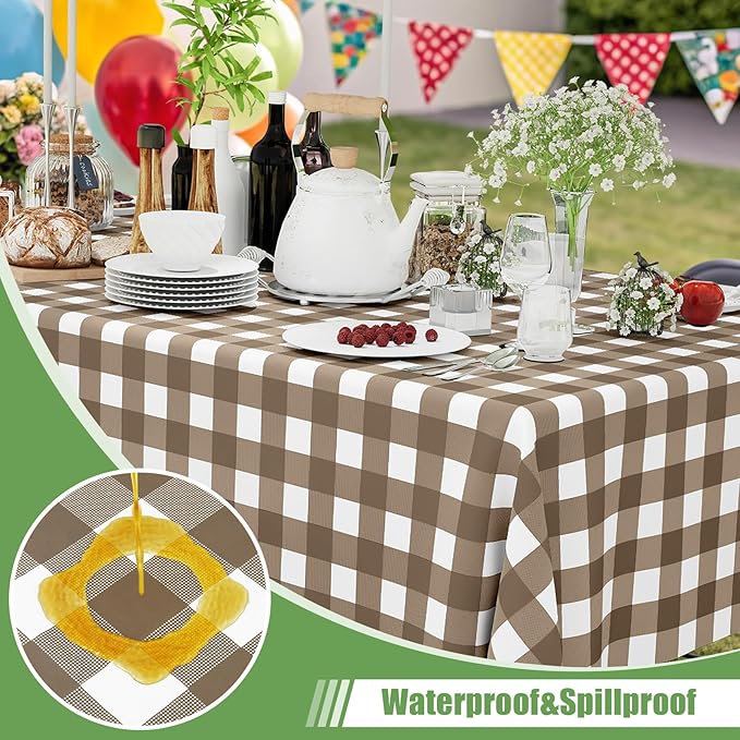 Smiry 6 Pack Brown Gingham Disposable Tablecloths - 54" x 108" Heavy Duty Plastic Table Cloth, Waterproof Buffalo Plaid Table Covers for Picnic, Banquets, Outdoor Parties
