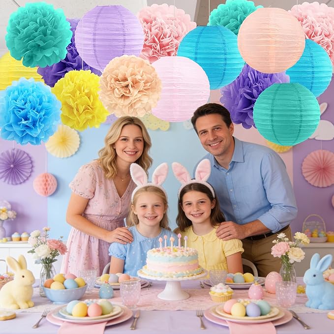 BEISHIDA Macaron Tissue Hanging Paper Flowers Lanterns Party Decorations Set for Birthday Graduation Baby Shower Bridal Bachelorette Wedding Photo Booth Backdrops Party Supplies(18 Packs)