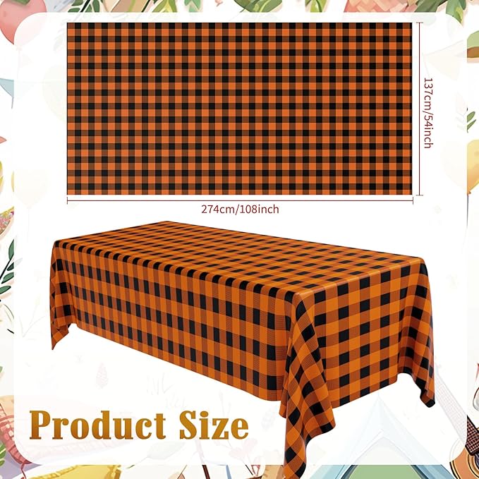 Remagr 3 Pcs Black and Orange Checkered Table Cloth 54 x 108 Inch Disposable Buffalo Plaid Plastic Table Cloth Waterproof Rectangle Gingham Tablecover for Picnic, Dining, Birthday Party Decor