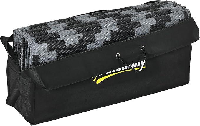 Outsunny Outdoor Rug for Patio, 9' x 18' Waterproof Large Mat, Reversible Plastic Straw Rug for Decor, Portable Outside RV Camping Area Carpet Mat for Backyard Porch Deck Picnic, Black Gray Geometric