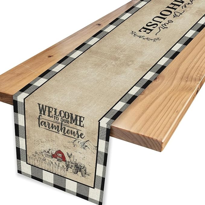 Farmhouse Table Runner, Rustic Country Barn Cottage Check Animal Coffee Table Center Decor for Home Kitchen Dining Patio Holiday Party Indoor Outdoor Table Decorations 13"x108"