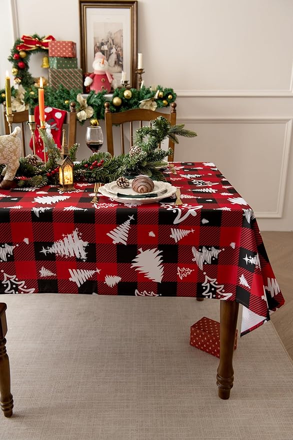 Waterproof Christmas Tree Tablecloth Fabric - Red Oblong 52x70 Inch Classic Buffalo Tartan Festive Table Cloth for Indoor Use - New Year Tabletop Cover for Dinner, BBQs, and Parties
