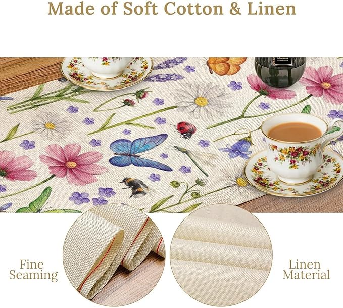 Flower Floral Table Runner, Butterfly Wildflowers Daisy Spring Summer Rustic Table Runner for Farmhouse Holiday Kitchen Dining Outdoor Home Party 13x60in