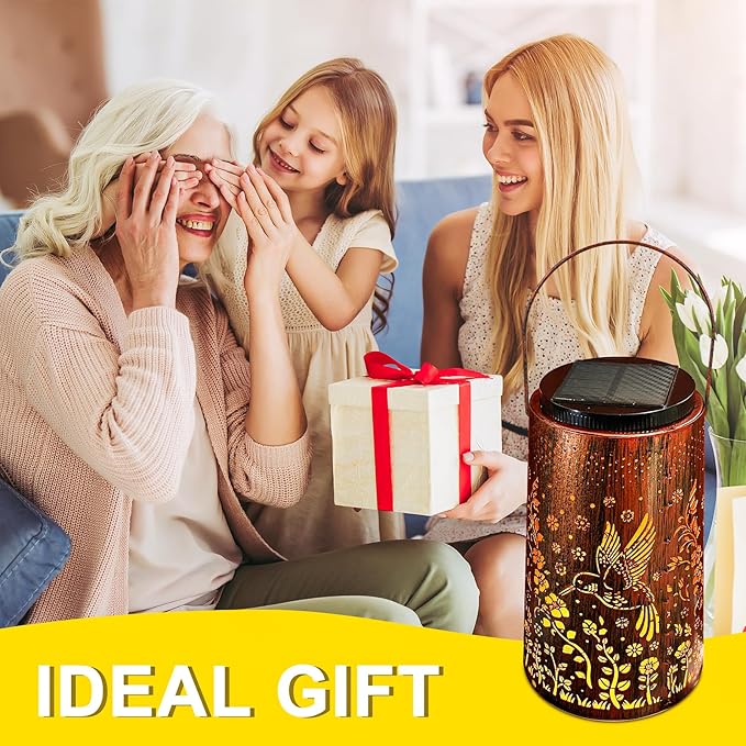 Solar Lanterns Outdoor Waterproof 2 Pack, 2 IN 1 Amber & White Modes Upgraded, Bird Garden Decor Gifts for Women Mom Grandma, Metal Hanging Solar Light Decoration for Yard Patio Porch Pathway