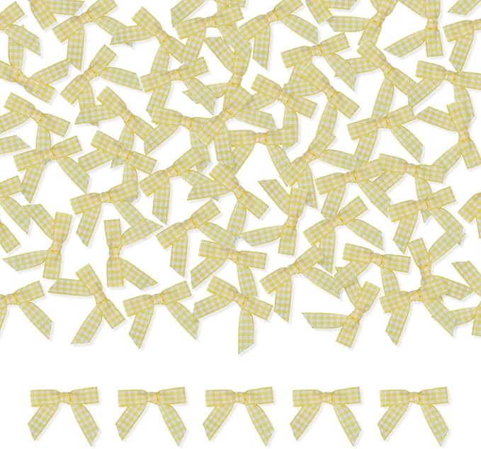 Meseey 100 Pcs 1.5 Inches Premade Gingham Craft Bows Self Adhesive Yellow and White Plaid Ribbon Bows for Treat Bags Gift Wrapping Basket Wedding Baby Shower Brithday Party (Yellow and White Plaid)